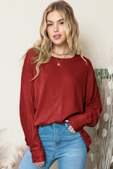 Red Solid Color Exposed Seam Long Sleeve Top