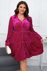 Rose Red Plus Size Velvet Long Sleeve Button-Up Tiered Dress