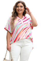 White Abstract Print Short Sleeve Notched Neck Plus Size Top