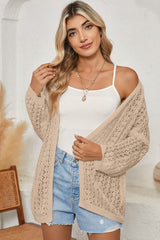 Black Hollow Out Crochet Knit Drop Shoulder Open Front Cardigan