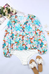 Light Blue Floral Print Boho Wrap V Neck Puff Sleeve Bodysuit