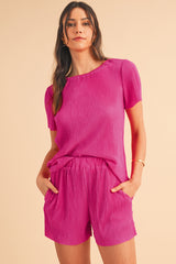 Bright Pink Ribbed Pleated Tee and Pocketed Shorts Set