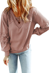 Pink Waffle Knit Lace Patchwork Criss Cross Straps V Neck Top