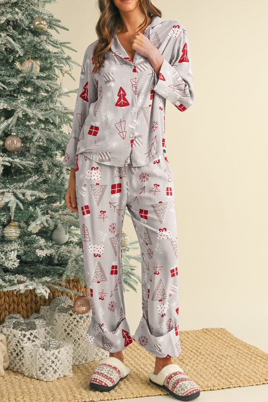 White Christmas Deer Printed Shirt and Pants Pajama Set