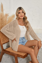 Black Hollow Out Crochet Knit Drop Shoulder Open Front Cardigan