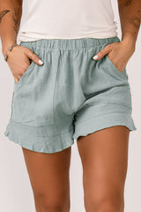 Green Casual High Waist Pocketed Ruffle Shorts