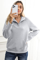 Light Grey Textured Knit Buttoned Kangaroo Pocket Sweatshirt