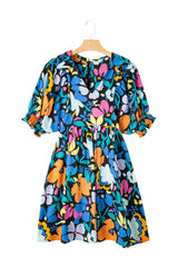 Blue Floral Print Collared Split V Neck Flared Plus Size Mini Dress