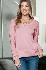 Pink Ribbed Texture Lace Trim V Neck Long Sleeve Top