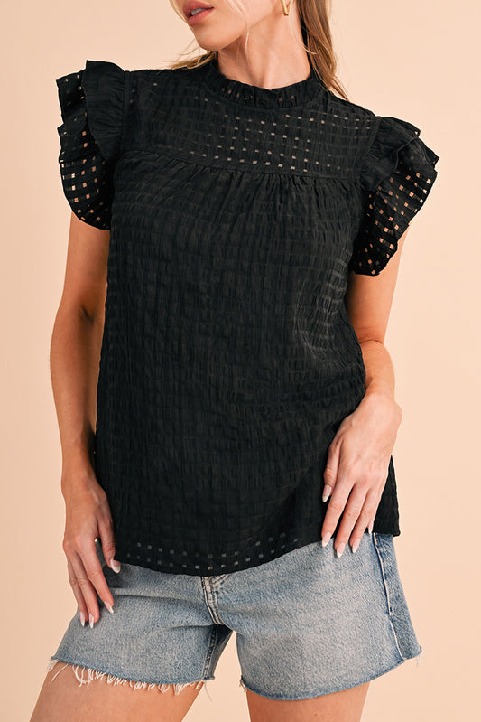 Black Frilled Neck Ruffle Textured Blouse