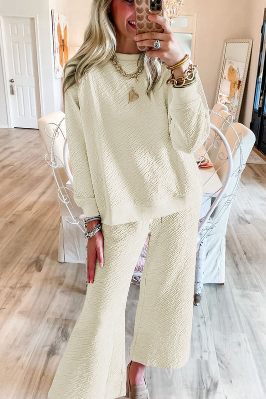 White Solid Color Textured Long Sleeve Top and Pants Set