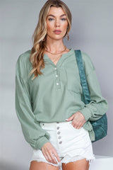 Green Waffle Knit Solid Color Long Sleeve Henley Top