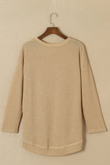 Khaki Plain Waffle Knit Drop Sleeve Side Slits Oversized Top