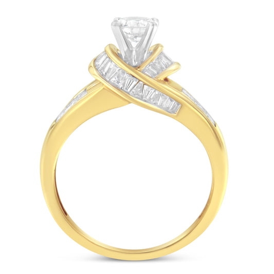 14K Two-Toned Gold Round, Baguette and Princess Cut Diamond Ring (1 1/