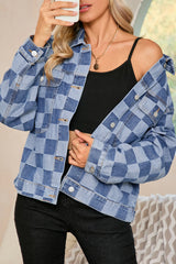 Light Blue Checkered Patchwork Button Up Denim Jacket