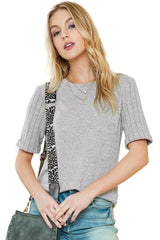 Gray Ribbed Splicing Short Sleeve Round Neck T-shirt