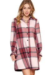 Khaki Plaid Pattern Collared Neck Ruffled Sleeve Shirt Dress