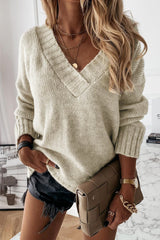 White V Neck Drop Shoulder Knitted Sweater