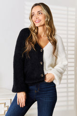 Angel Wings Woven Right Contrast Button-Front V-Neck Cardigan