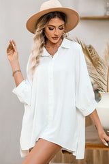 White Plain 3/4 Batwing Sleeve Oversize Button Up Blouse