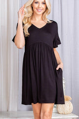 V-Neck Flounce Sleeve Dress with Pockets