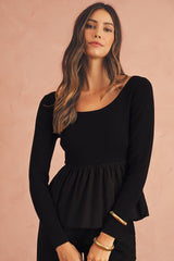 Black Pleated Hem Long Sleeve Ribbed Knit Top