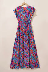 Women Floral Print V Neck Wrap Split Maxi Dress