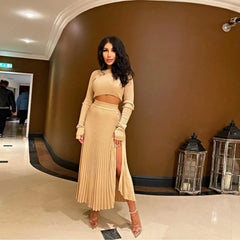 Chic Pullover - Knitted Pleated Skirt Suit High Slit Long Sleeve