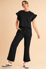 Black Textured Ruffle Summer Top and Drawstring Pants Set