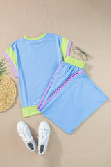 Sky Blue Colorblock Cap Sleeve Tee & Wide Leg Pants Set