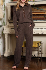 Black Ribbed Henley Shirt and Wide Leg Pants Loungewear Set