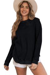 Black Crew Neck Ribbed Trim Knit Long Sleeve Top