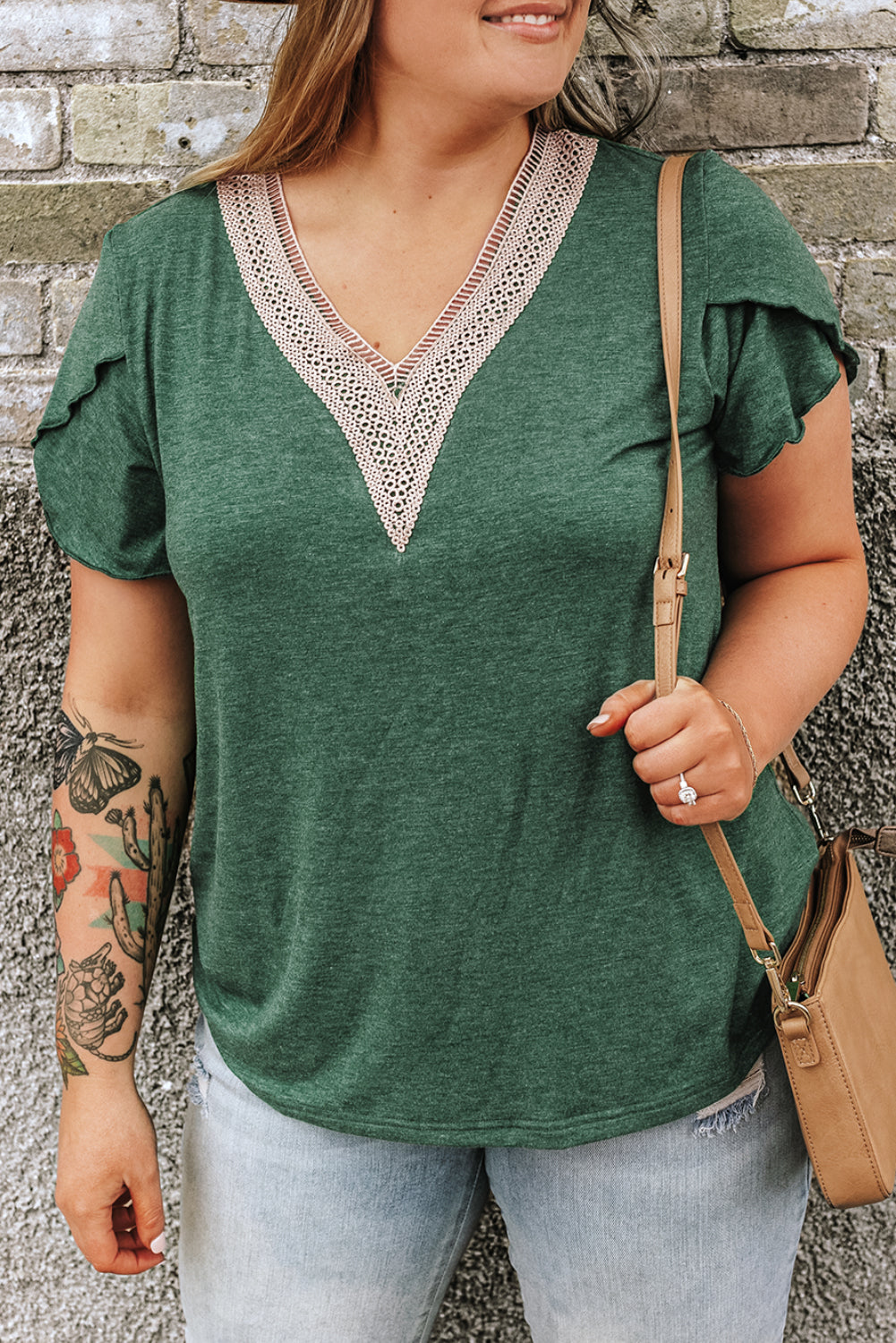 Blackish Green Plus Size Contrast V Neck Draped Sleeve Blouse