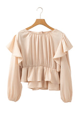 Oatmeal Elegant Satin Ruffle Long Sleeve Blouse