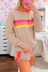 Black Colorful Striped Long Sleeve Pullover and Shorts Set