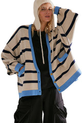 White Stripe Colorblock Drop Shoulder Buttoned Loose Cardigan