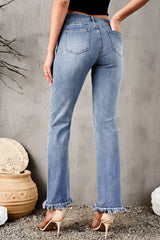 Blue Raw Hem High Waist Straight Leg Jeans