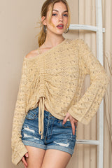 Khaki Cinched Drawstring Pullover Long Sleeve Crochet Sweater