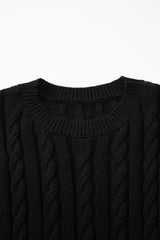 Black Cable Knit Crewneck Short Sleeve Sweater