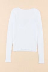 White Basic Cable Crossed V Neck Sweater