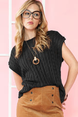 Black Cable Knit Crewneck Short Sleeve Sweater