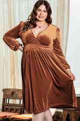 Camel Surplice Velvet V Neck Balloon Sleeve Midi Dress