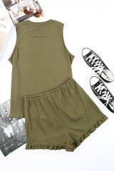 Green Crew Neck Tank and Drawstring Ruffled Shorts Lounge Set