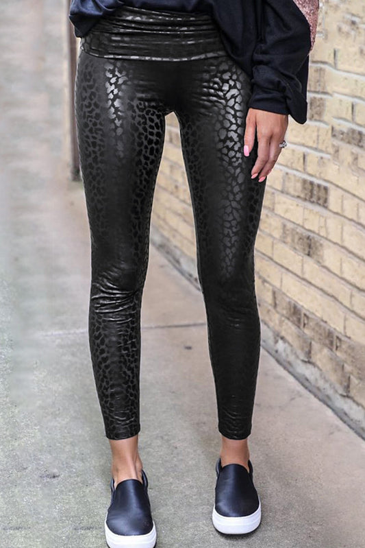 Black Casual Shiny Leopard Print Cropped Leggings