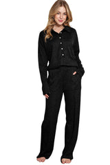 Black Ribbed Henley Shirt and Wide Leg Pants Loungewear Set