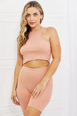 In The Works Ribbed Halter Crop Top and Biker Shorts Sets in Peach