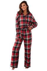 Red Christmas Checkered Pattern Loose Shirt and Pants Pajama Set