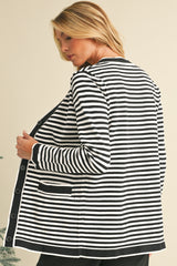 Black Striped Pocketed Button Long Cardigan