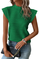 White Wavy Textured Mock Neck Cap Sleeve Top