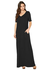 V-neck Short Sleeve Maxi Dress With Pockets